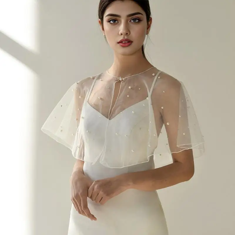 

X7XE Comfortable Wedding Shawl with Elegant Pearls and Rhinestoned Accents Creative Stylish Bridal Shoulder Wrap Capelet