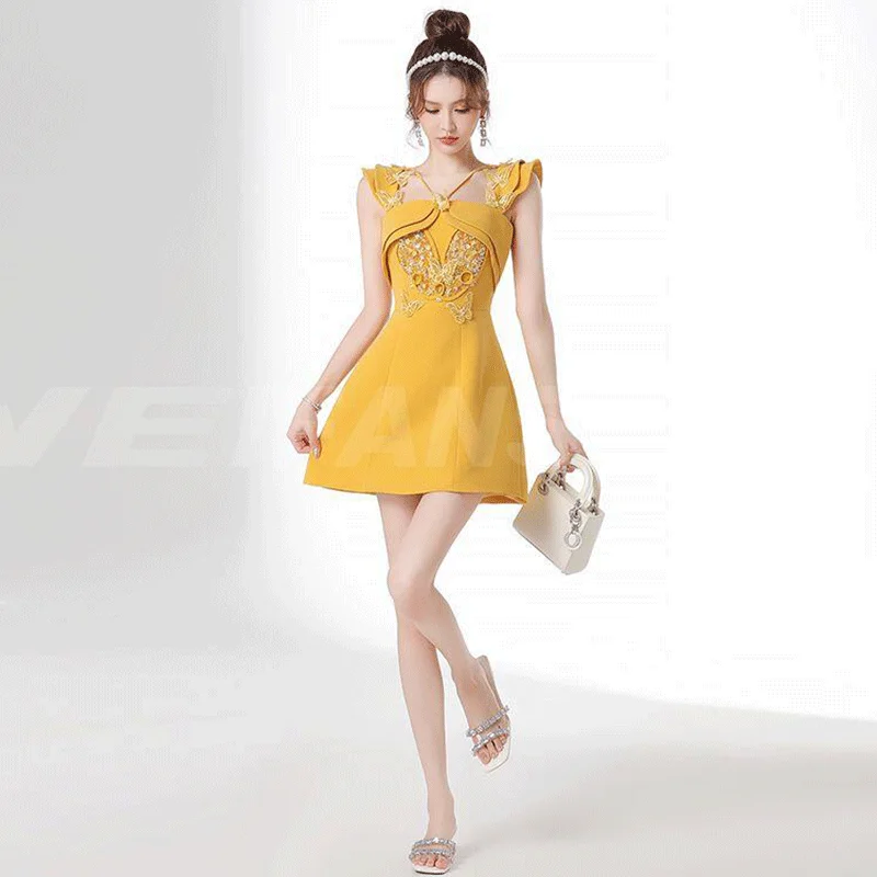 Korejepo Light Luxury Dresses Butterfly Travel Among Flowers New Heavy Industry Short Dress 2024 Sweet Niche Temperament Vestido