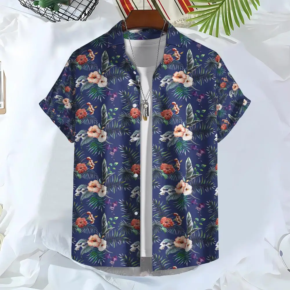 Camisa havaiana de manga curta masculina, estampa floral casual, tops de gola lapela, camiseta original masculina, blusa de botão extragrande