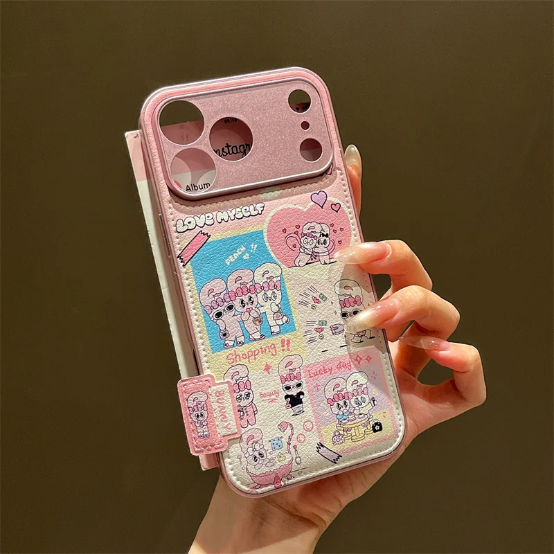 الكورية لطيف الوردي أرنب قضية الهاتف آيفون 17 برو 16 15 14 برو ماكس غطاء مع حامل حامل للصدمات واقية ل Gi