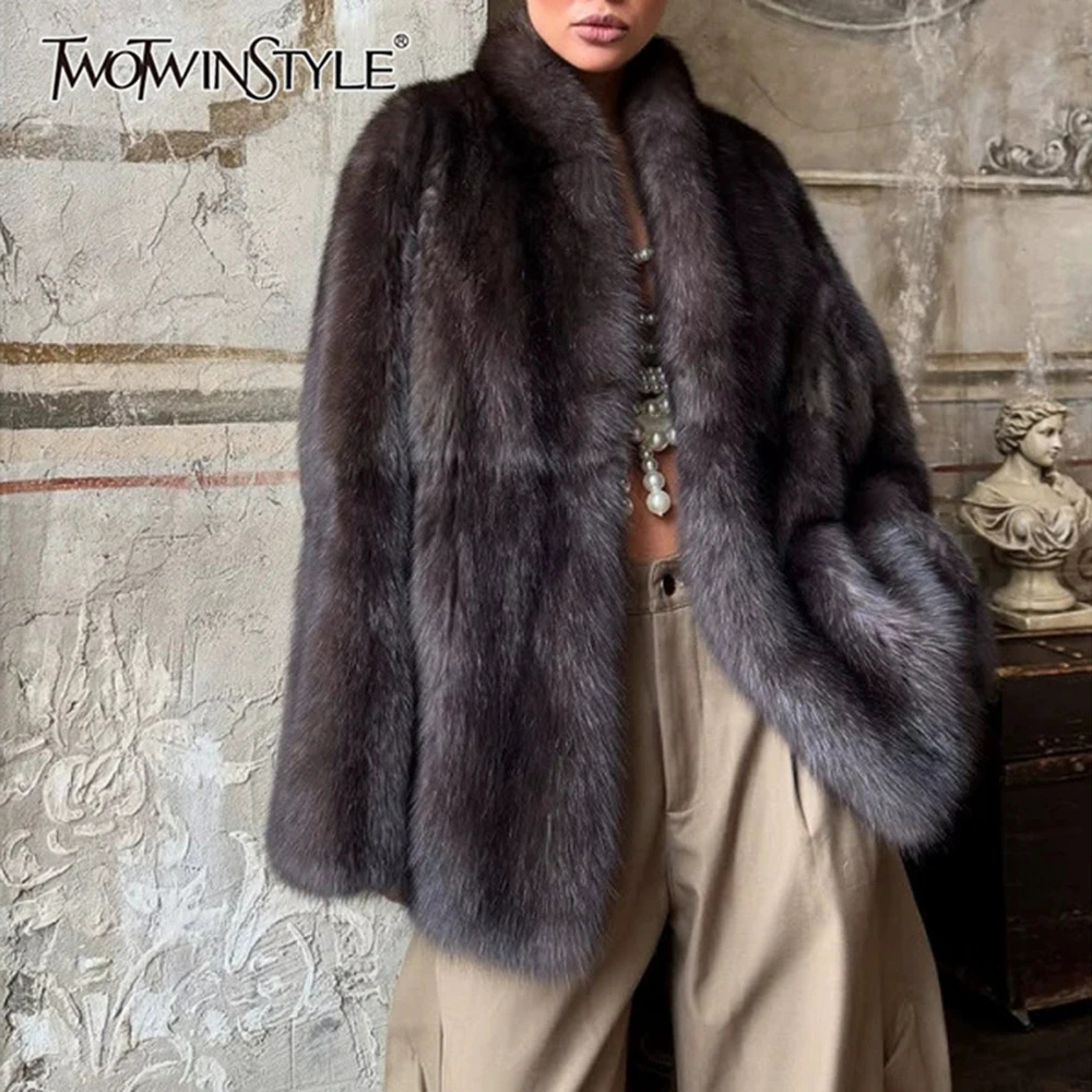 TWOTWINSTYLE Luxury Faux Fur Women Jackets Stand Collar Long Sleeve Retro Loose Jacket for Gathering Daily Wear Fashion Winter