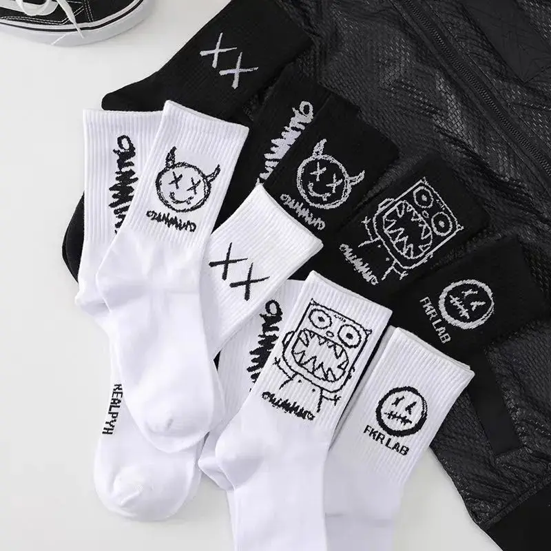 Men Women Socks Cotton Simplicity Anime Devil Grimace Harajuku Black White Graffiti Fashion Long Funny Hip Hop Sox Unisex medias