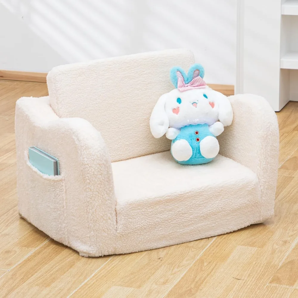 Baby Toddler Sofa Couch for Kids Foldable 2-in-1 Sherpa Fold Out Couch Bed for Playroom, Pull Out Children Convertible Sofa