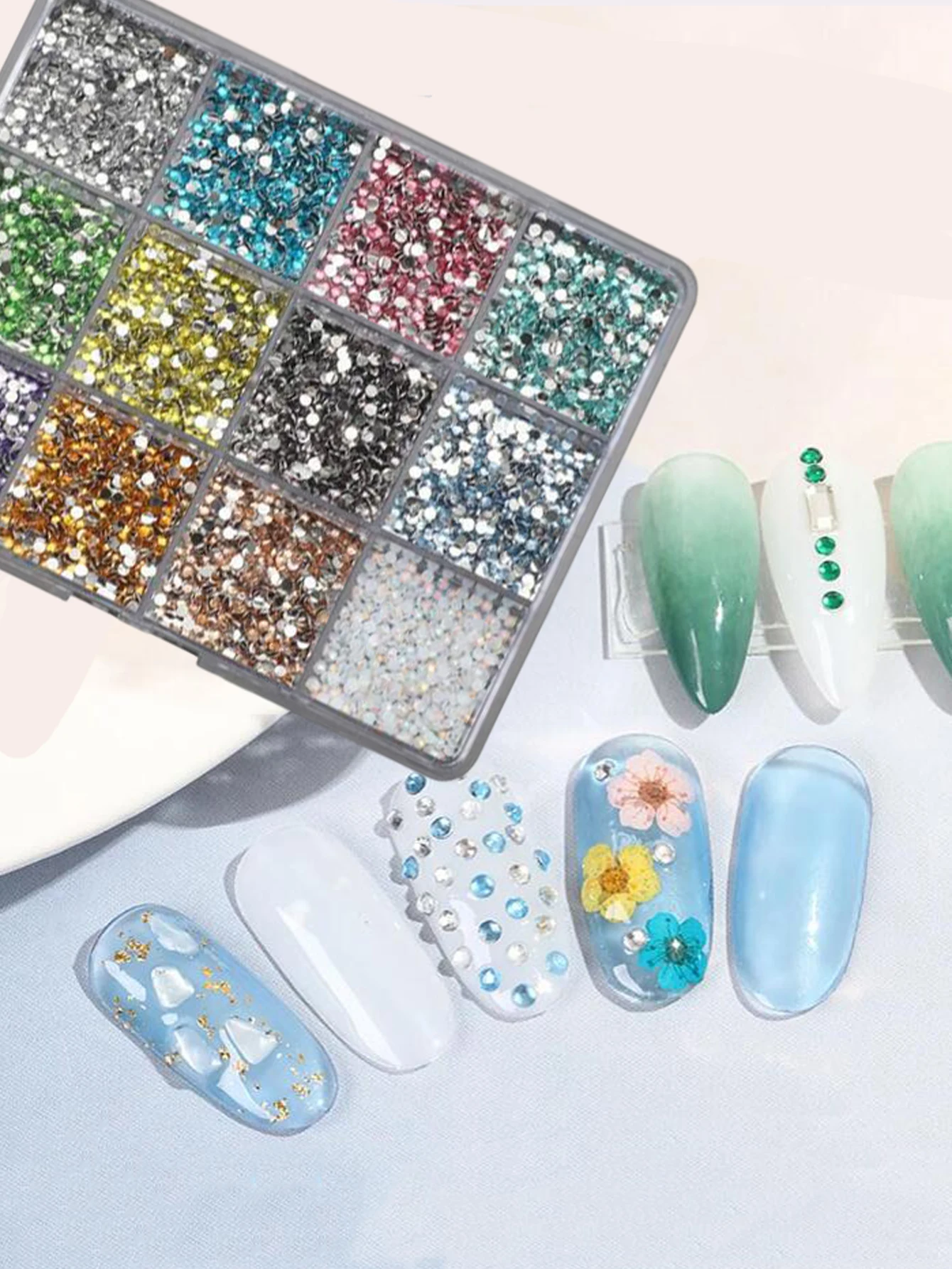 12칸(6000개) 3D 레진 네일 아트 라인스톤+도구 2mm 반짝이는 다이아몬드 네일 참 DIY 의류 휴대폰 케이스 매니큐어 액세서리