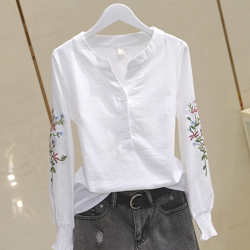 

Women's Long-Sleeved V-Neck Cotton Slim T-shirts, Female All Match Casual Tops, Emboridery Tees, Summer, New, 2025