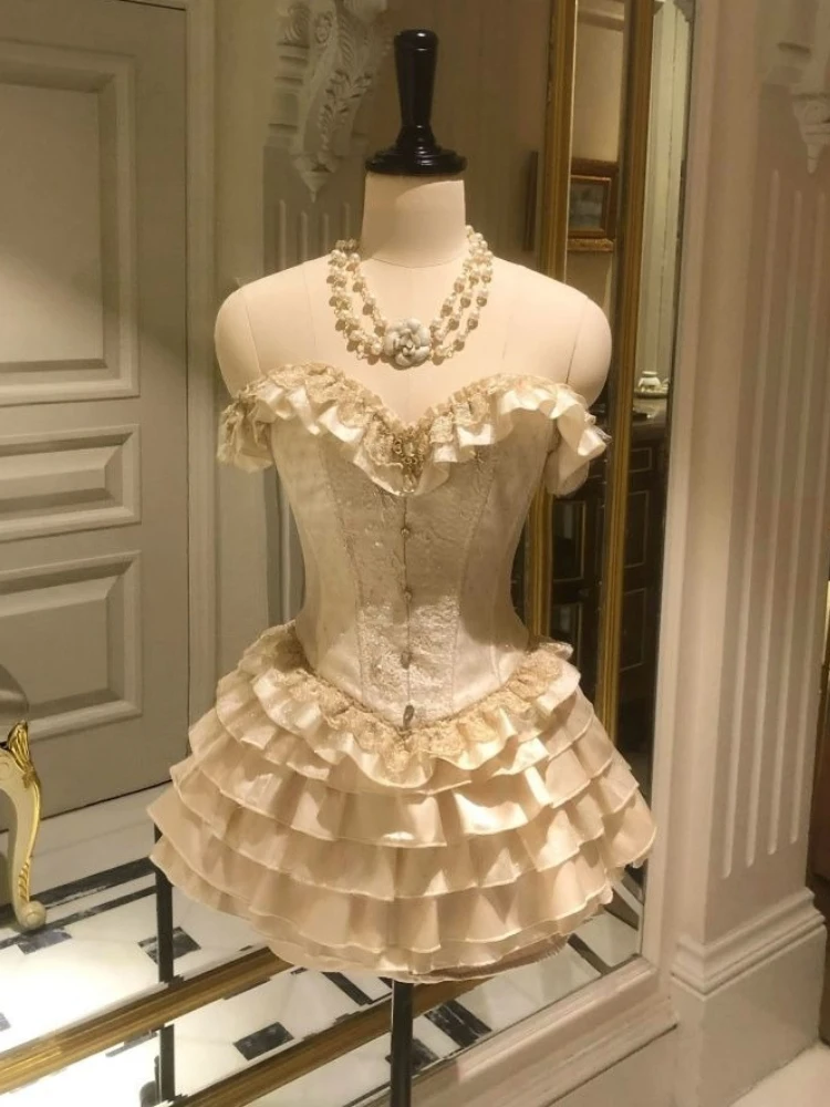 

Summer French Sweet Elegant 2 Piece Set Women Y2k Sexy Strapless Tops + Mini Skirts Japanese Chic Birthday Party Evening Outfits