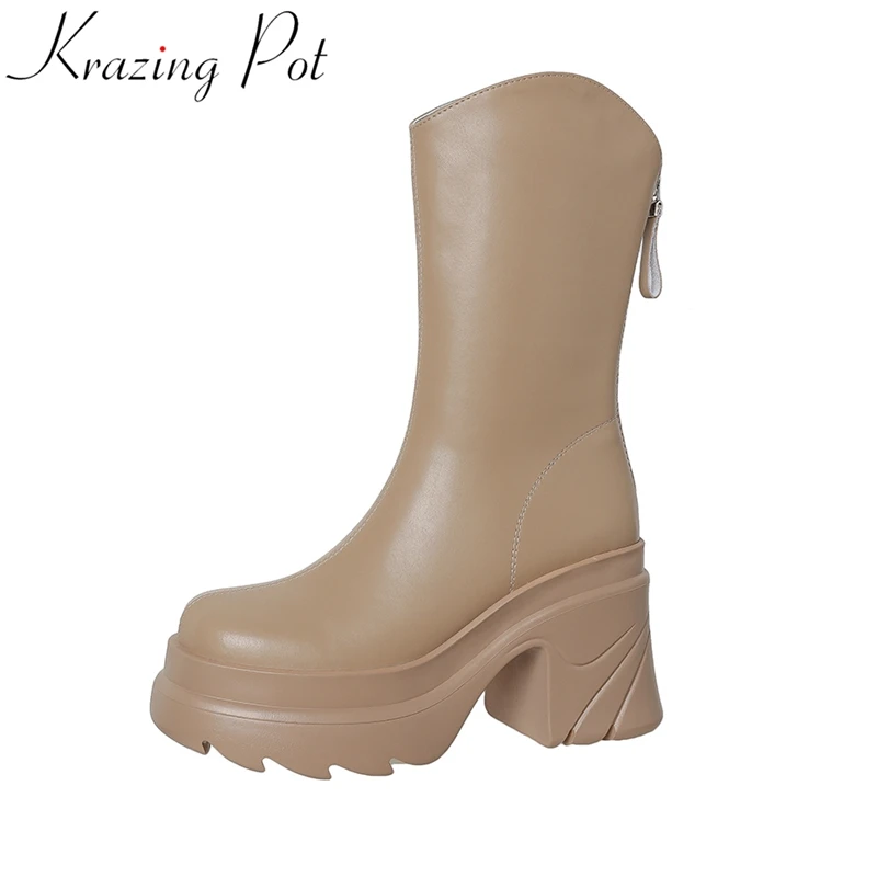 

Krazing Pot 2025 Fashion Cow Leather Round Toe High Heels Platform Modern Boots Concise Warm Winter Shoes Casual Mid-calf Boots