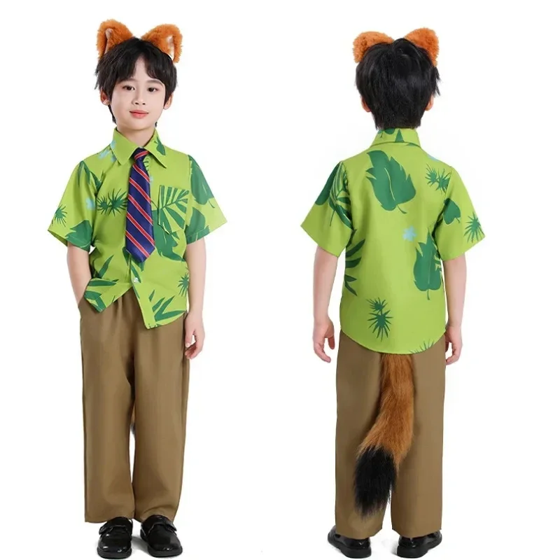 Camiseta de cosplay de Nick Wilde de la caricatura Fox para niños 2026 con corbata, camiseta informal de verano con estampado de hojas verdes para hombre y corbata CanCos