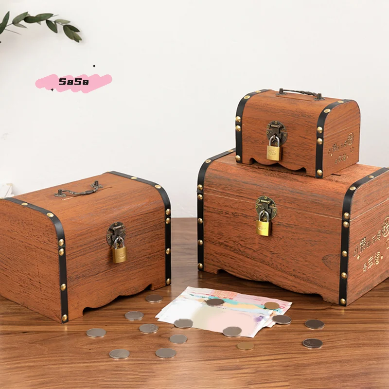 مجموعة واحدة من صندوق الكنز الخشبي العتيق مع قفل - صندوق تخزين منظم حصالة الخنزير للديكور المنزلي