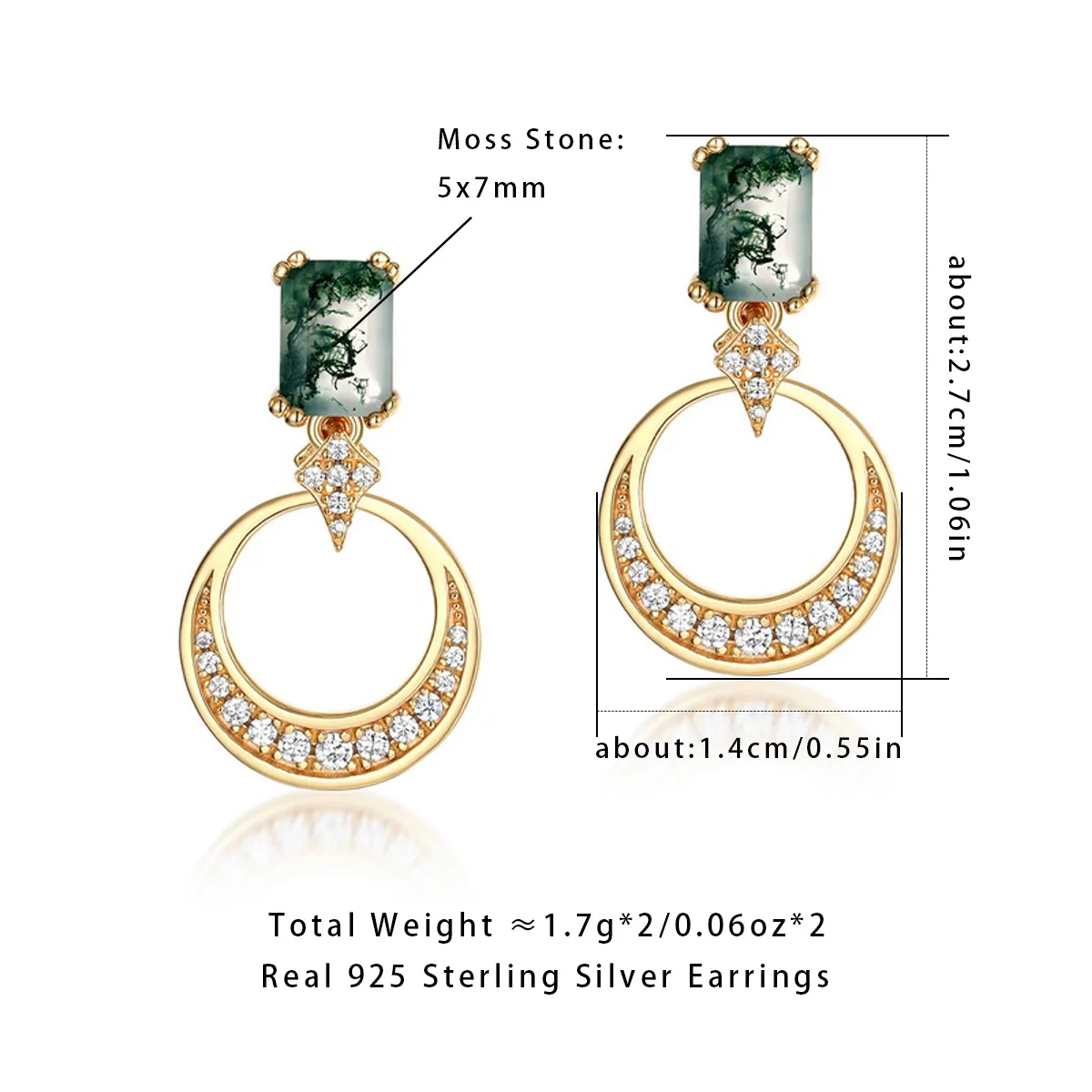 

AliMoss 5*7mm Geometry Cut Moss Agate Hoop Earrings 925 Sterling Silver CZ Dangle Earring for Women Anniversary Birthday Gifts