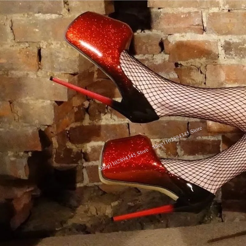 

Red Shallow Slip On Pumps Thin High Heel Platform Fashionable Novel Style Sexy Cool Woman Shoes Summer Party Zapatillas Mujer