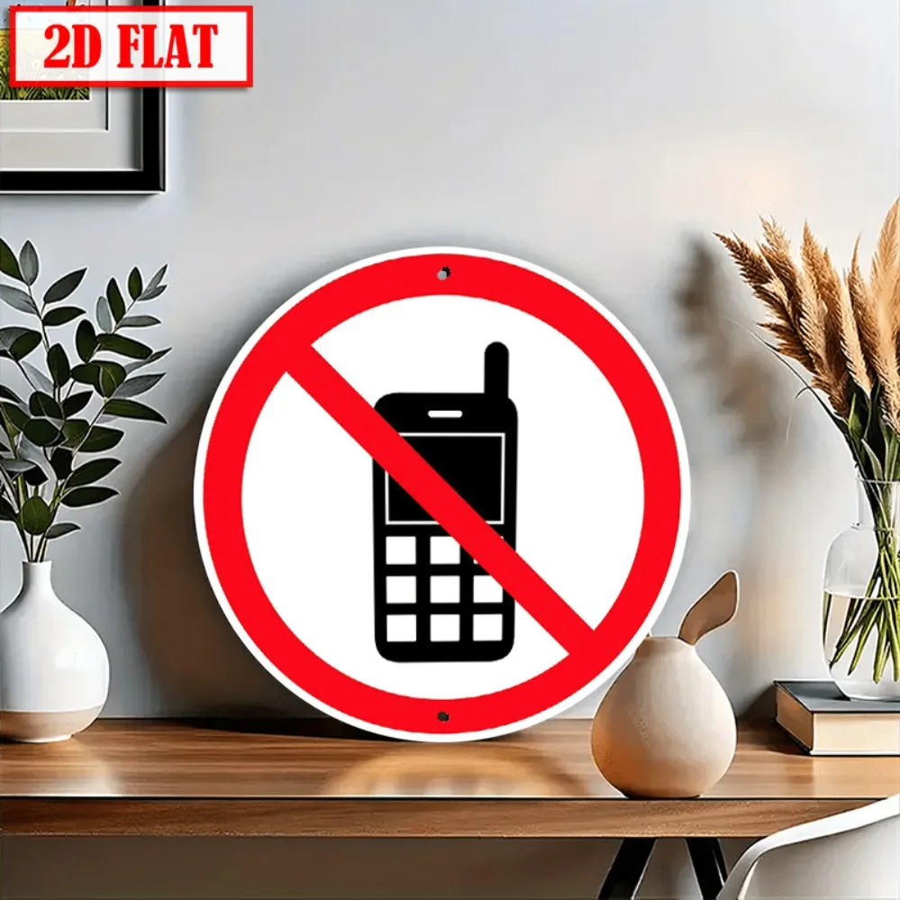 2D Metal Sign, No Cell Phone Sign Classic Style Aluminum Metal Round 8x8 Inch for Indoor Outdoor Use