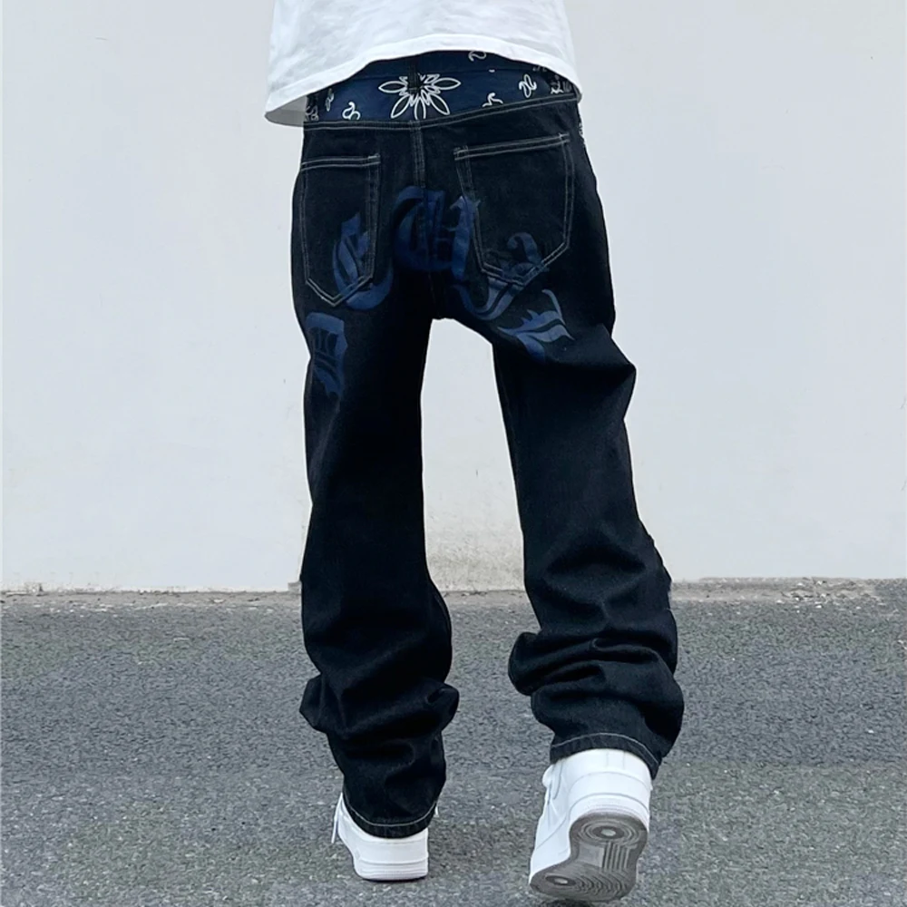 Black Jeans Men Letter Print Color Block Loose Thin Vaqueros Straight-leg Hip Hop High Street Fashion Denim Pants Young Trousers