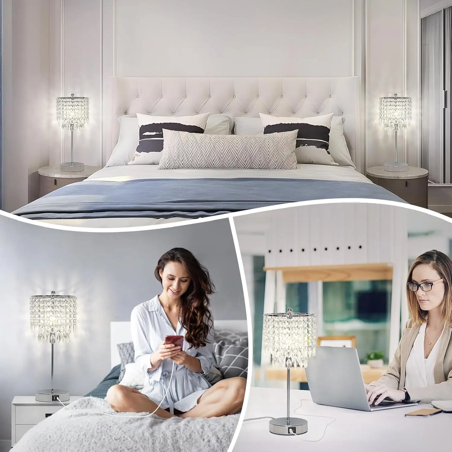Crystal Table Lamp Set of 2, Touch Control, USB Ports, Dimmable LED Bedside Lamp, Silver Shade for Bedroom, Living Room