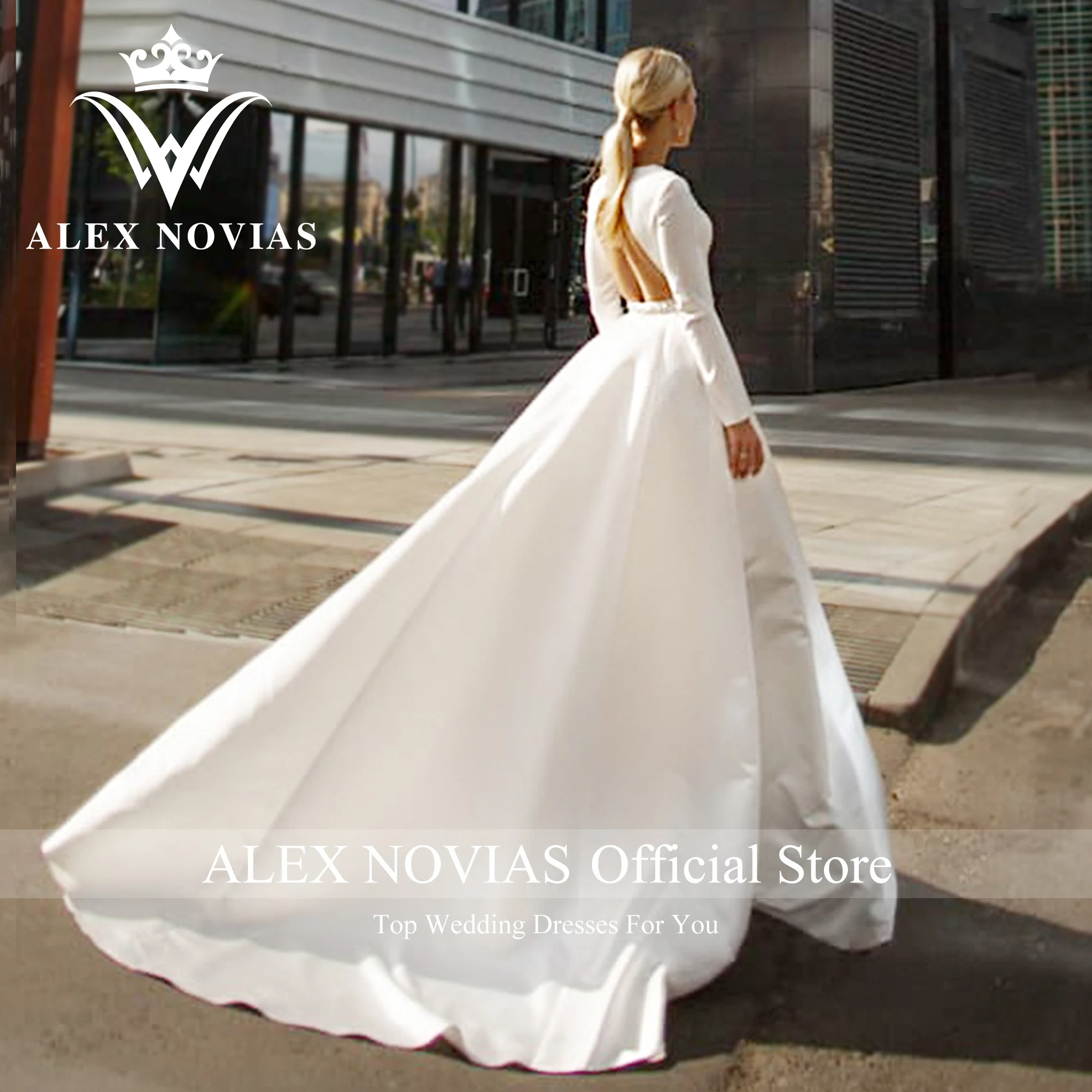 ALEX NOVIAS A-Line Satin Wedding Dress With Beading Belt 2023 Simple Deep V-neck Backless Wedding Gown Vestido Novias De Saten