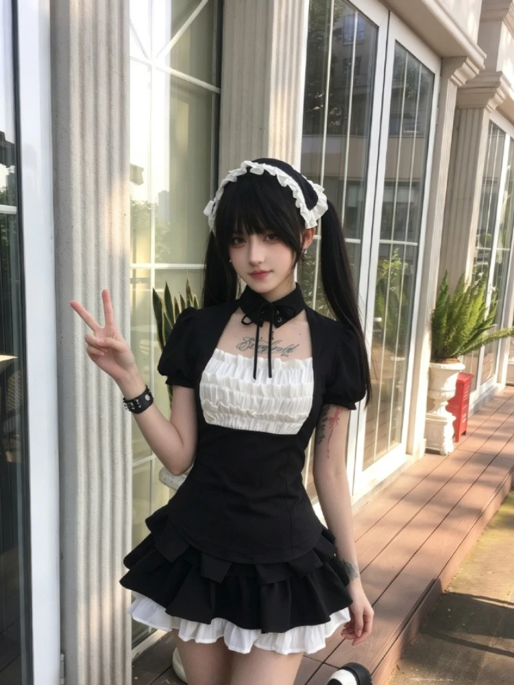 Subculture Dark-haired Girl Y2k Two-piece Set Women Summer Aesthetic Gothic Skinny Vintage Patchwork Short Sleeve Suit Female
