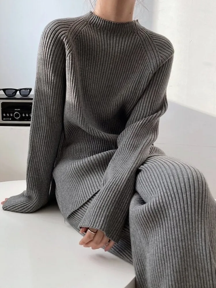 [EWQ] Korean Chic Split Sweater And High Waist Wide Leg Pants Casual Women Knit Set Clothing 2024 Autumn New Fashion 16O2489