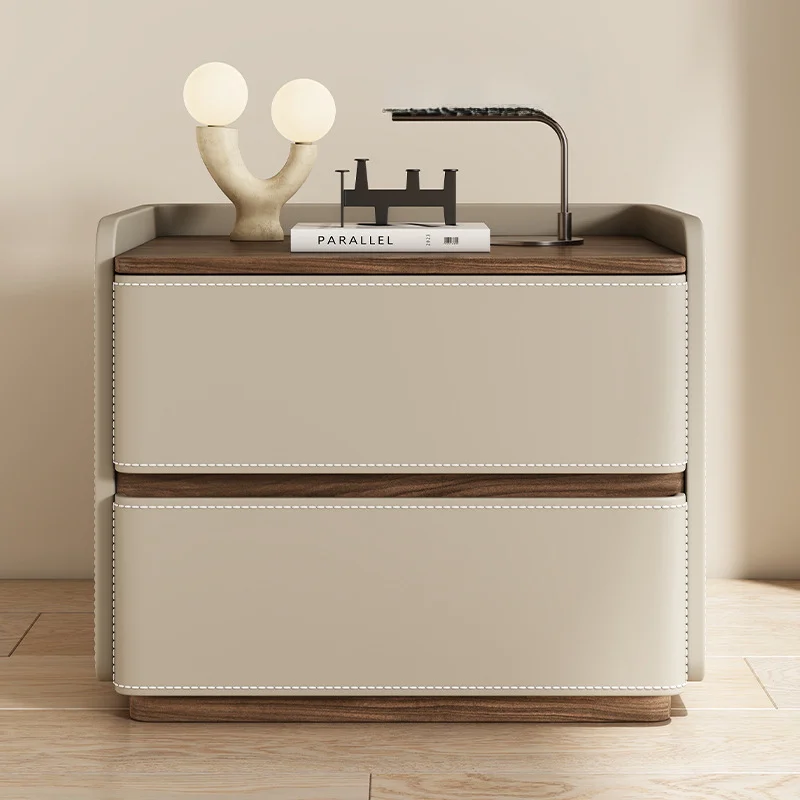 Best-Selling Italian-Style Eco-Friendly Bedside Table Wooden Frame Leather Straps 2 Drawers Hotel Apartment Bedroom Nightstand