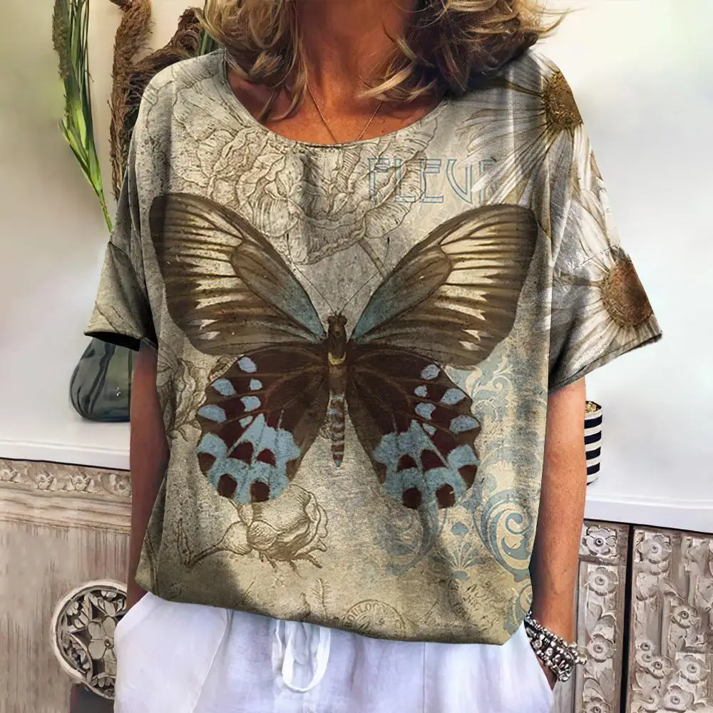 Retro Women\'s T Shirt Butterfly Print Pullover Tees O Neck Short Sleeve Blouse Female Y2k Clothing Tops Summer Daily Sweatshirt