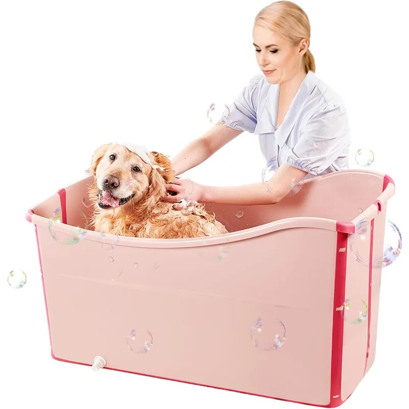 Bañera portátil para perros grandes - Estación de lavado plegable para mascotas de 48,4 gal con tapón de drenaje, diseño aislado y antideslizante para interiores/
