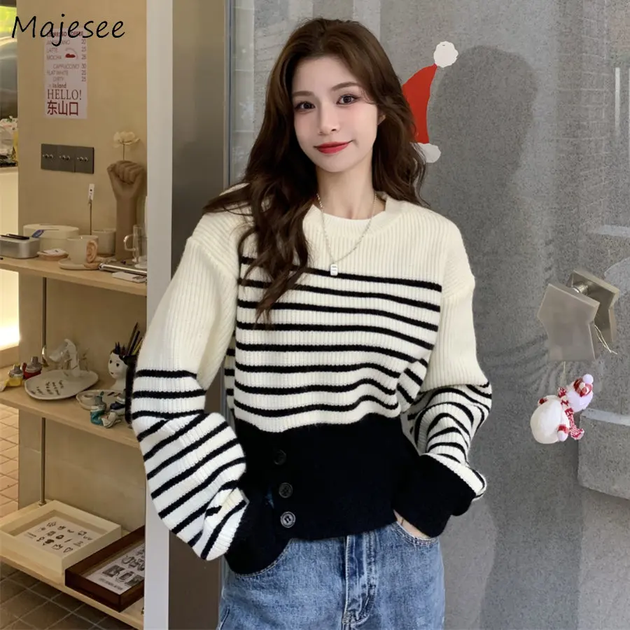 

Cropped Striped Simple Pullovers Women Ins Lazy Style Korean Knitwear Vintage All-match Autumn New Fashion Sweaters Young