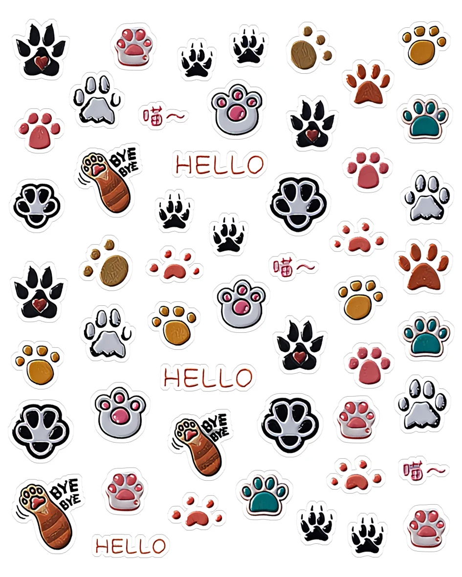 

RIZZNAIL Anime New Embossed Nail Stickers Chibi Animal Cat Footprint Adhesive Backing Nail Decorations Colorful Nail Art Decal