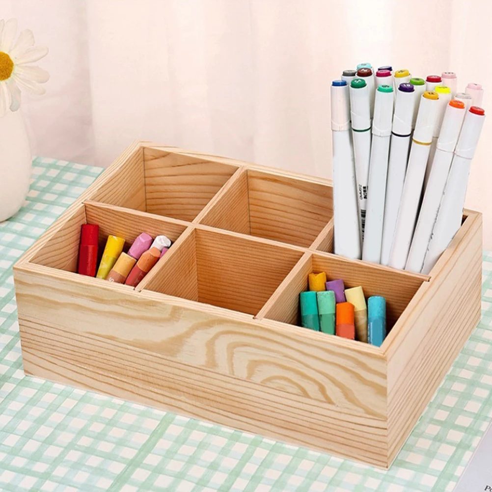 

2Pcs Wooden Desk Organizer 6 Compartment Pencil Holder Remote Control Storage Box Multifunctional Holder for Home Office School