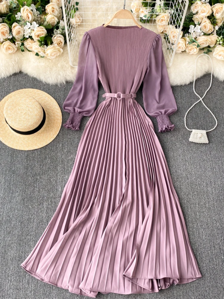 Autumn Fashion Streetwear Long Dress Design French Pleated Maxi Dress Women Elegant O Neck Long Sleeve A-line Dress