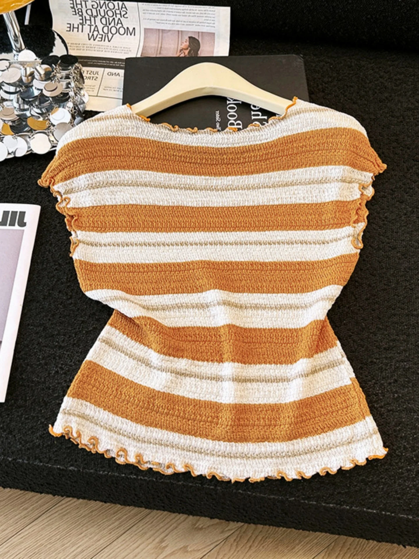 

Retro Wood Grain Ruffle Striped Short Sleeve Women's T-shirt Summer New Design Slimming Versatile Top Korean Style Commute