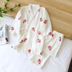 Japanese Kimono Spring And Autumn Womens Peach Print Loose Pajamas Suit 100% Cotton 2-Piece Home Service Cute Thin pijama mujer