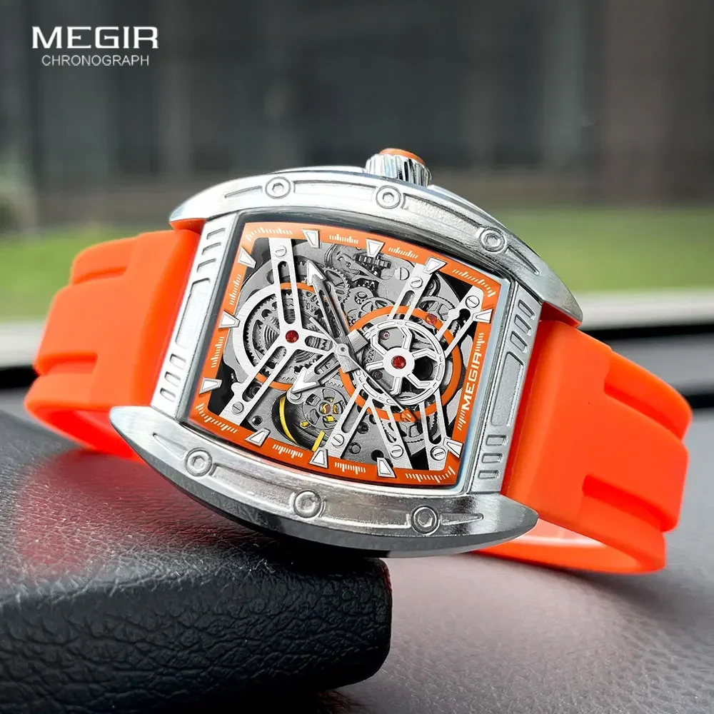 MEGIR Fashion Orange Automatic Watches for Men Military Sport Waterproof Tonneau Dial Mechanical Wristwatch with Silicone Strap