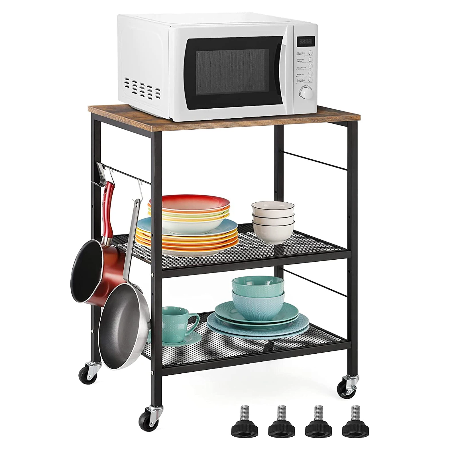 3 Tier Kitchen Baker's Rack Microwave Cart w/Wheels,10 Hook Microwave Oven Stand