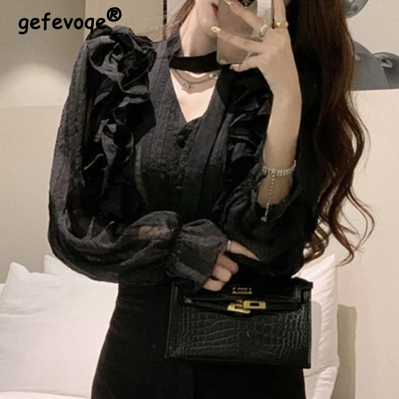 

Women Korean Fashion Ruffle Lace-up Design Shirt Sexy See Through Elegant Chic Blouse Black V Neck Long Sleeve Slim Tops Blusas