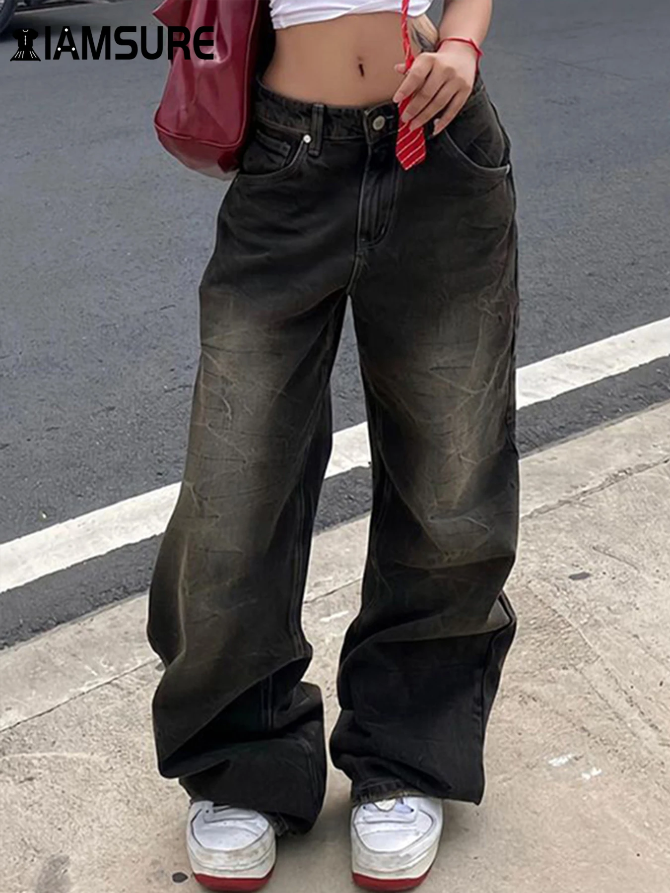 

IAMSURE Casual Loose Baggy Jeans Fashion Classic Basic Low-Waisted Wide Leg Pants Women 2025 Spring Autumn Streetwear Trousers