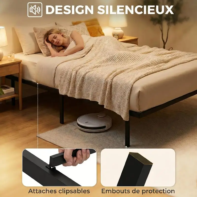 Cadre de lit 90 x 200 cm avec sommier en métal, lit simple avec rangement en dessous, sans bruit, montage facile, noir
