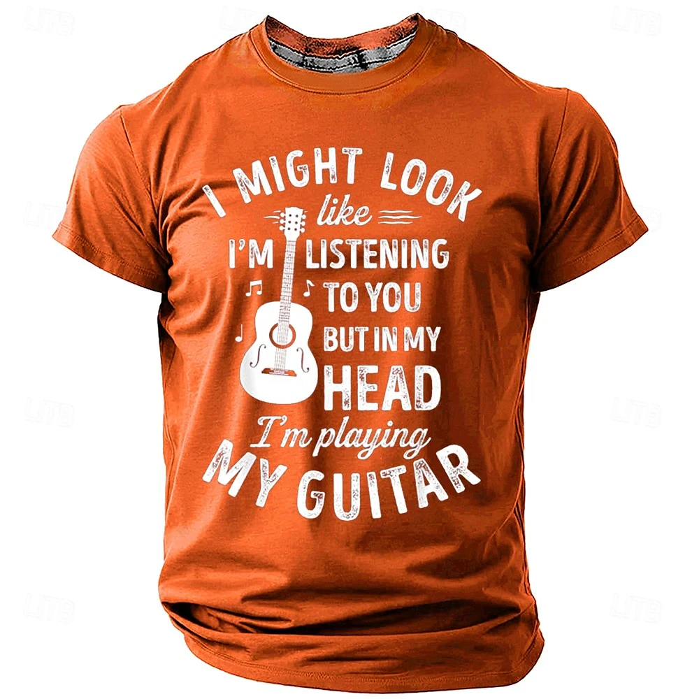 Design Guitar Graphic T-shirt For Men 2025 Casual Daily Short Sleeve Clothing Simple Print Men's Crew Neck T Shirt Oversized 6XL