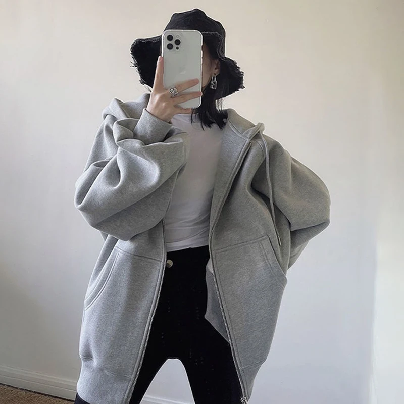 Women's Fashion Solid Color Long Sleeve Streetwear Loose Casual Hooded Jacket