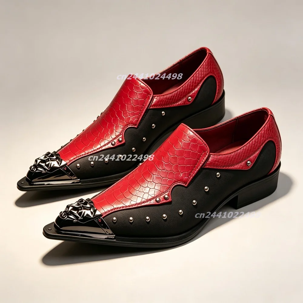 Men Pointed Toe Slip On Formal Shoes,Two Tone Faux Leather Patchwork Loafers Metal Toe Silver Studs Decor Low Heel Gothic Shoes