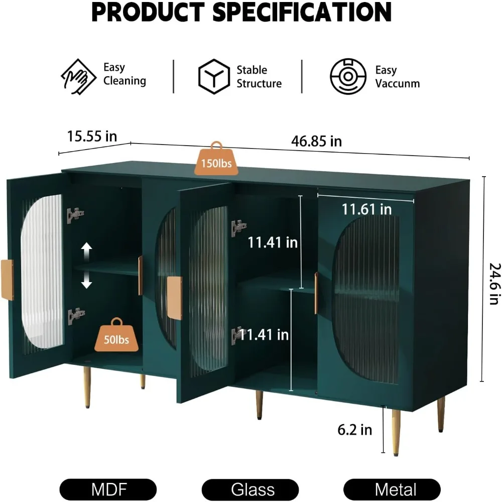 Sideboard Buffet Cabinet with 4 Glass Doors, Wood Accent Cabinet with Storage Shelves, Green Credenza Display Cabinet, Modern