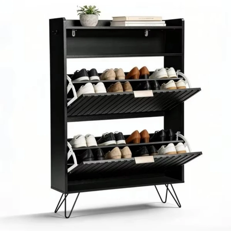 Two-compartment shoe cabinet, front and side slats, top clamshell, high feet, two hooks, shoe rack