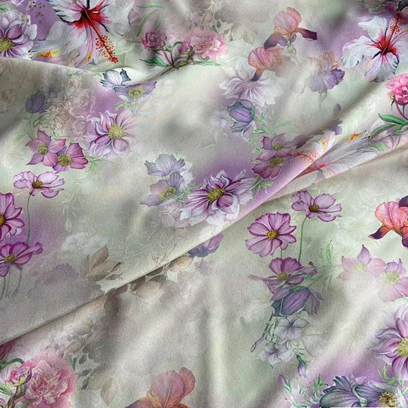 114CM Wide 16MM Purple and Pink Floral Printed Silk Crepe de Chine Fabric for Summer Dress Silk Tissue for DIY Sewing C001-24