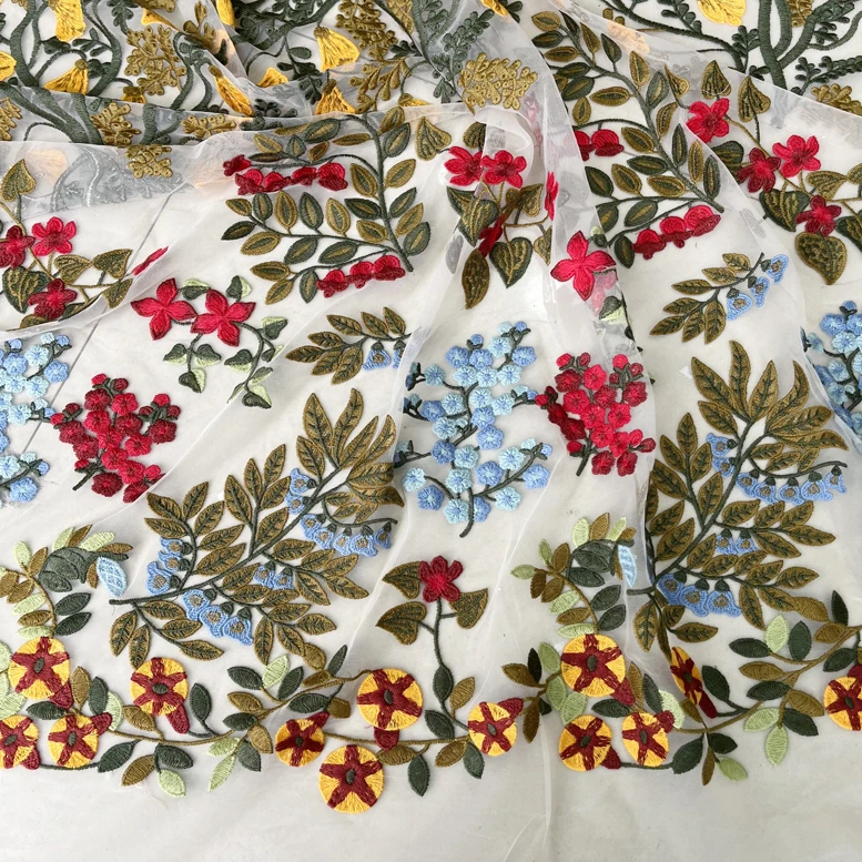 1yard High quality White lace sewing Colorful embroidery tissus fabric for clothing dress cheongsam fabric