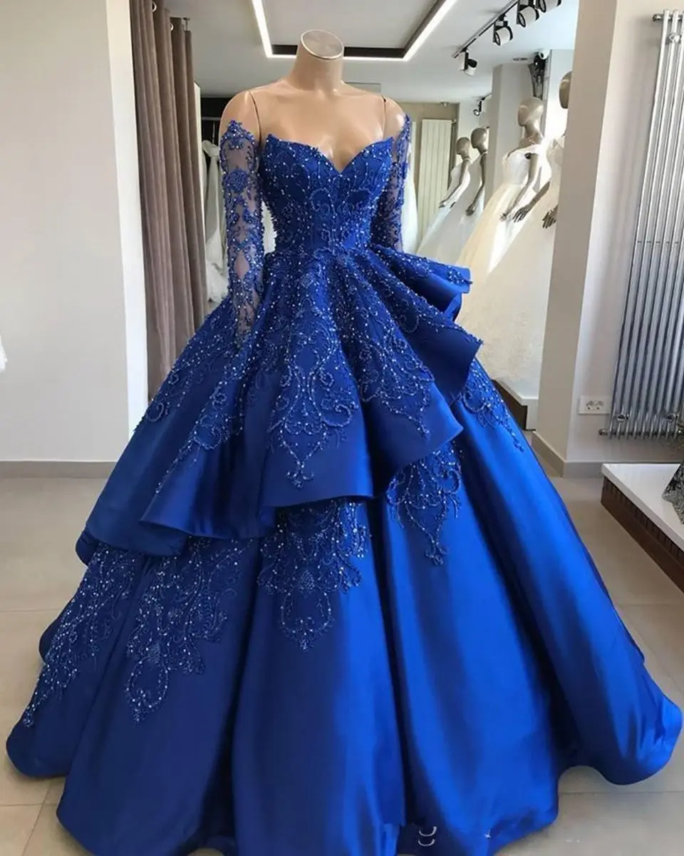 2025 Elegant Royal Blue Satin Strapless Prom Ball Gown Luxury Appliques Beaded Evening Dresses Vestidos Customized