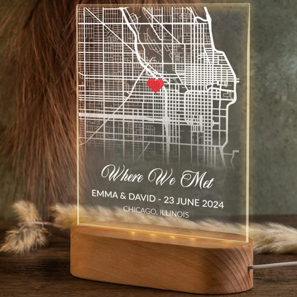 Personalized Where We Met First Meeting Map Custom Acrylic Night Light Romantic Desktop Decor Gifts For Couples Valentine Day