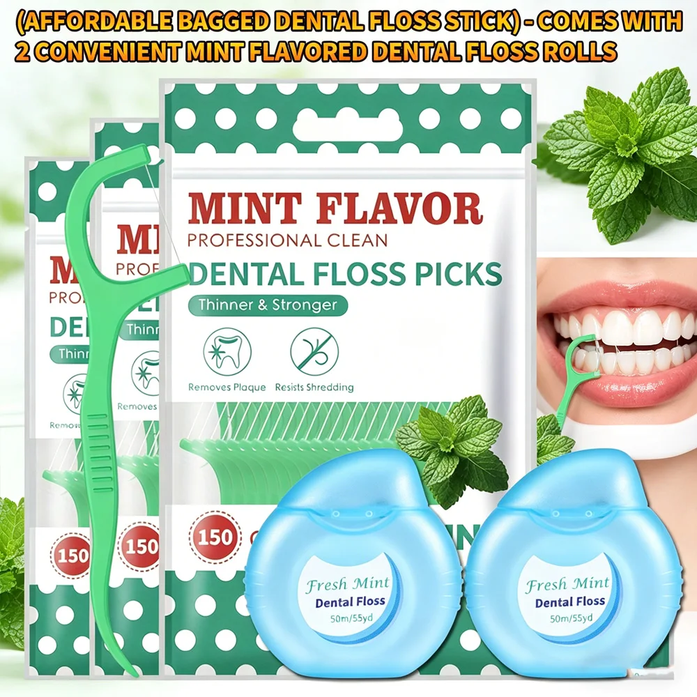Budget-Friendly Dental Floss Sticks | High Tension Fine Smooth Floss with 2 Mint Floss Rolls for Teeth Cleaning