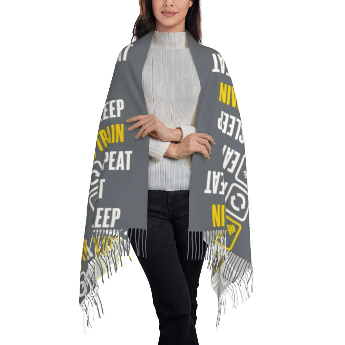 Eat Sleep Train Repeat Gym Motivational Quote Scarf Tassel Scarves for Women Soft Warm Shawls and Wraps Fall Winter Shawl Wrap