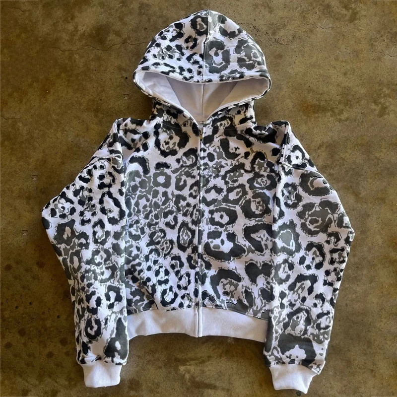 Y2K American Harajuku Leisure Unique Cardigan Hoodie New Leopard Pattern High Street Joker Trend Long Sleeve Women's Sweatshirt