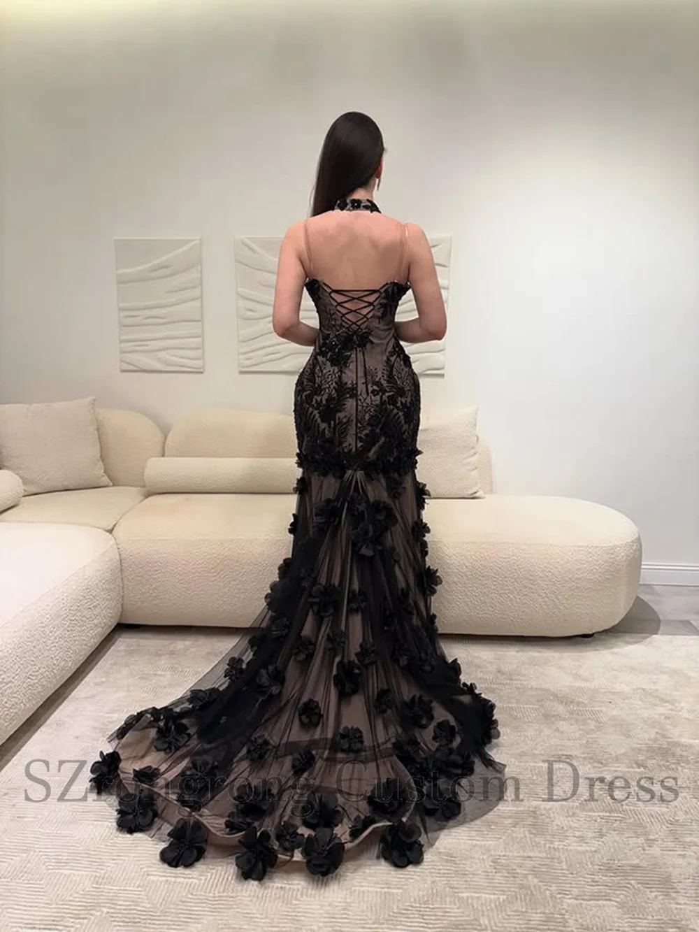 Personalizado de luxo cintas de espaguete tule rendas apliques vestido de noite para casamento rendas até voltar sereia vestido de baile com trem