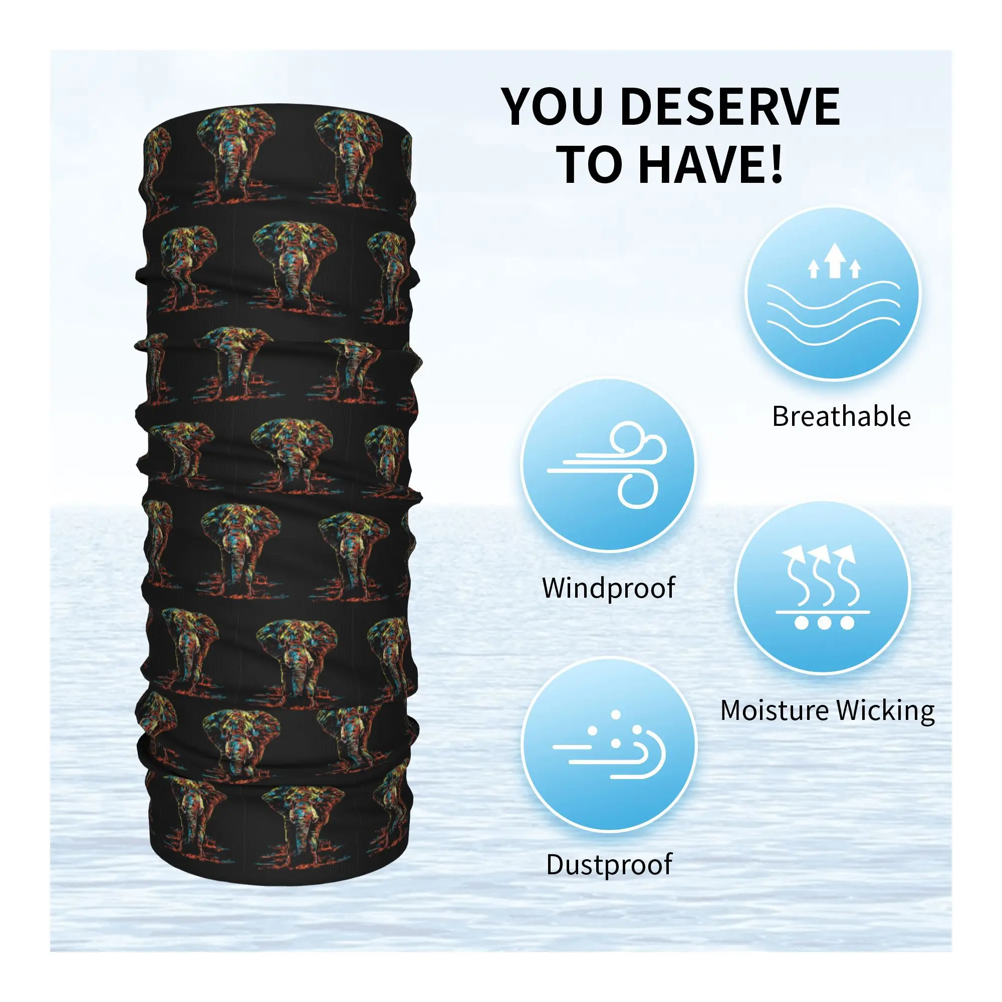 Pañuelo con ilustración de neón de elefante abstracto colorido, cubierta para el cuello, bufanda envolvente estampada, pasamontañas cálido para correr