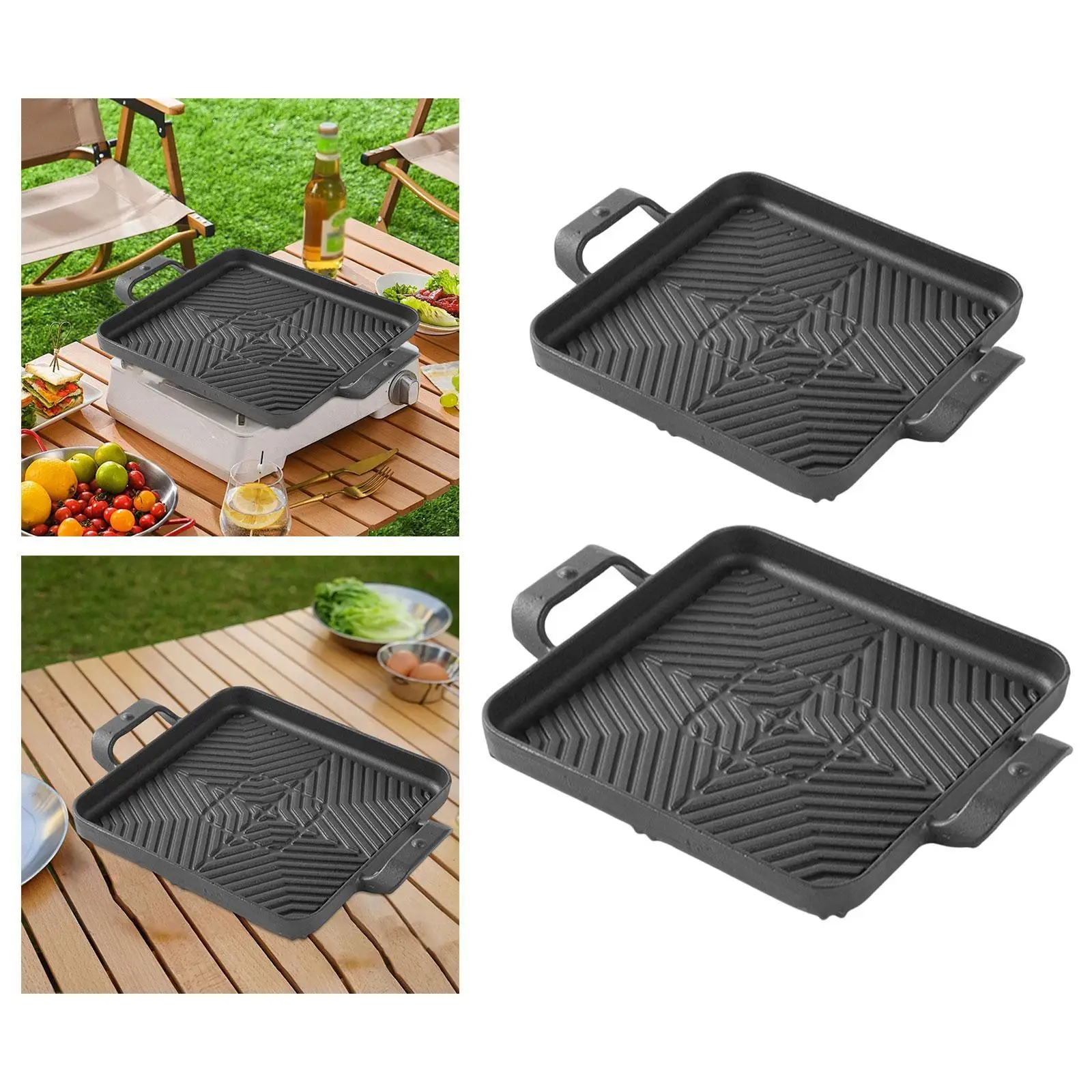 

Cast Iron, Square Grill Pan Grilling Pan with Handles,Practical Camping Barbecue